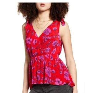 Band of Gypsies Red Pink Floral Sleeveless Peplum Surplice Top Size Small NWT